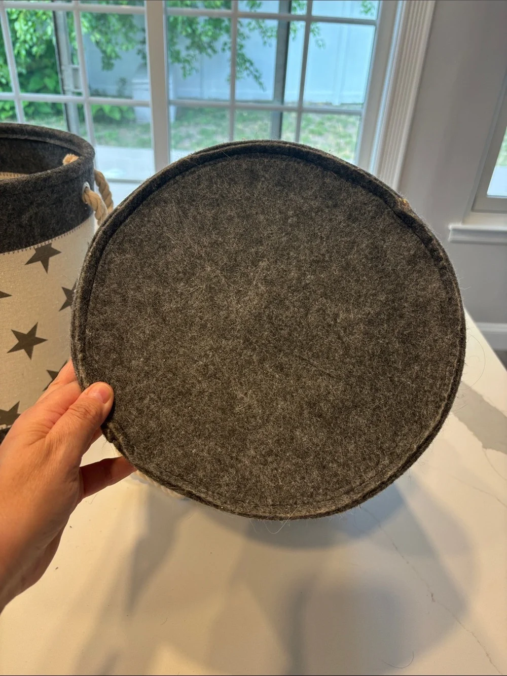 Star Storage Baskets w/ Rope Handles - Cream Thick Canvas & Sturdy Gray Felt 2Pc